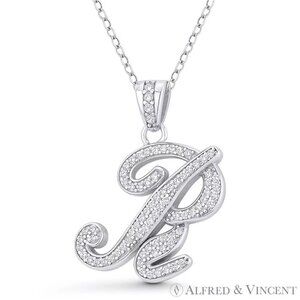 Initial Letter "R" Cursive Script CZ Crystal Pendant in .925 Sterling Silver